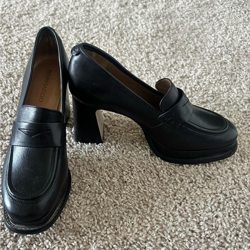 Bernardo Black Leather Loafers with Block Heel - Picture 3 of 5